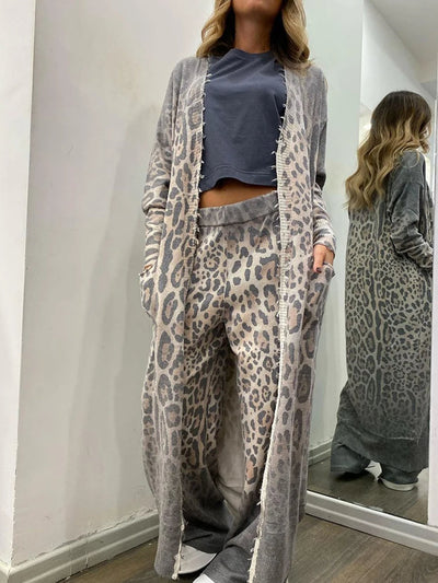 Nina - Leoparden Langarm-Strickjacke und Taillenhosen-Set