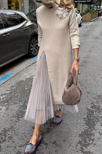 Oona – Tüllkleid Mit Drapierung Und Langem Strickpullover – Beige