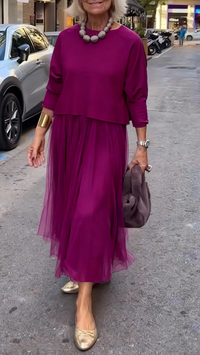 Efrata - Bezauberndes Satin Kleid Mit Strick Pullover – Bordeaux