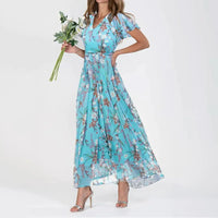 Floria - Rüschen V-Ausschnitt Kleid – Dunkelblau