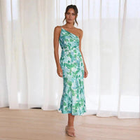 KORDULA - ASYMMETRISCHES MIDIKLEID MIT MUSTER – Blau
