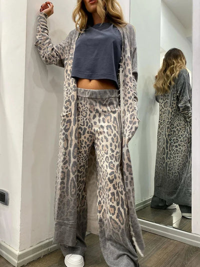 Nina - Leoparden Langarm-Strickjacke und Taillenhosen-Set