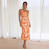 KORDULA - ASYMMETRISCHES MIDIKLEID MIT MUSTER – Orange