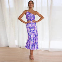 KORDULA - ASYMMETRISCHES MIDIKLEID MIT MUSTER – Lila