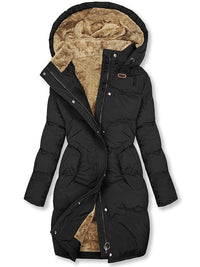 Winterjacke Damen Gefüttert Mit Kapuze | Lang Mit Reißverschluss und Knöpfen – Schwarz