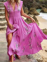 Paulina |  Boho-Maxikleid mit V-Ausschnitt - Elegant und fließend – Rosa