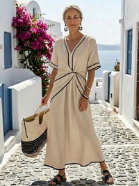Linnea | Damen Midikleid Geraffter Taille V-Ausschnitt – Beige