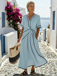Linnea | Damen Midikleid Geraffter Taille V-Ausschnitt – Himmelblau