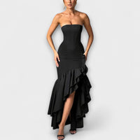 Zuri - Asymmetrisches Off-Shoulder Maxi-Kleid in Slim Fit – Schwarz