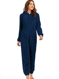 Leyetta | Reißverschluss Teddy-Jumpsuit mit Kapuze – Navy blau