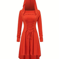 Damen Halloween-Kleid mit Kapuze | Schnürung & Asymmetrischer Saum – Mandarinenrot