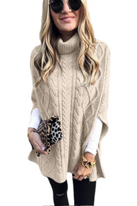 Heidi-Mode | Rollkragen Poncho mit Zopfmuster für Herbst – Beige