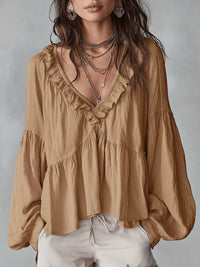 Narella - Rüschen-Shirt mit V-Ausschnitt – Khaki