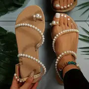 Thea | Elegante flache Damensandalen mit Perlenverzierung – Aprikose