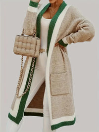 Rerchalha | Strickjacke mit Kontrastbesatz, stilvolles Langarm-Midikleid für den Herbst – Khaki
