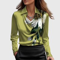 Emma | Damen Langarm Top Wasserfallkragen Fließend Elegant Feminin – Grün