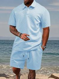 Niall - Strukturiertes Set aus Poloshirt und Shorts – Hellblau