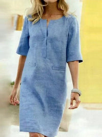 Heidi-Mode | Damen Kurzarm Baumwolle und Leinen Kleid – Hellblau
