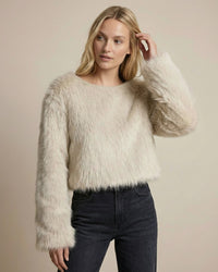 Cropped flauschiger Strickpullover für Damen mit weiten Ärmeln und U-Boot-Ausschnitt – Beige