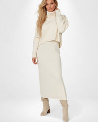 Ärmelloses Maxi Strickkleid mit Cropped Rollkragenpullover | Strickset für Damen – Weiß