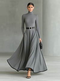 Romilly – Langärmliges Maxi Kleid Mit Schmalem Gürtel – Grau