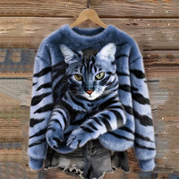 Jules – Weiches Plüsch Sweatshirt Mit Tabby Katzen Und Tiger Muster – Blau