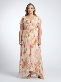 Elara | V-Ausschnitt Kurzarm Blumenkleid – Rosa