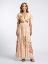 Calista | V-Ausschnitt Kurzarm Falten Maxi Kleid – Geblümt