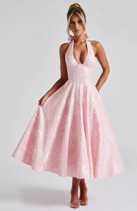 Rebecca - Jacquard Halter Neck Fit and Flare Midi Kleid – Rosa