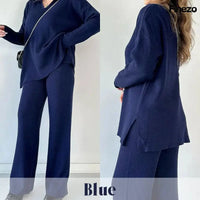 Elara™ | V-Ausschnitt Freizeit Spalten Strick Zweiteiliges Set – Blau
