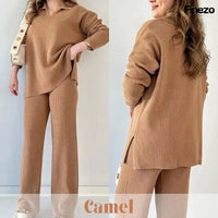 Elara™ | V-Ausschnitt Freizeit Spalten Strick Zweiteiliges Set – Khaki