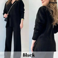Elara™ | V-Ausschnitt Freizeit Spalten Strick Zweiteiliges Set – Schwarz