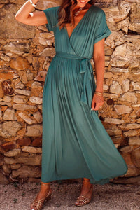Damen Maxikleid mit Gürtel und V-Ausschnitt – Dunkelgrün