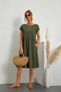 Elegantes Damen Sommerkleid mit Tasche | Midi – Armee grün