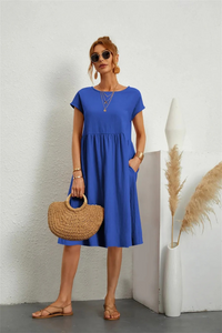 Elegantes Damen Sommerkleid mit Tasche | Midi – Blau