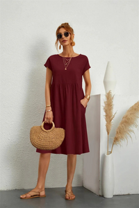 Elegantes Damen Sommerkleid mit Tasche | Midi – Bordeaux