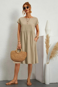 Elegantes Damen Sommerkleid mit Tasche | Midi – Khaki