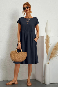 Elegantes Damen Sommerkleid mit Tasche | Midi – Marine