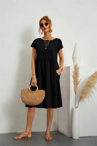 Elegantes Damen Sommerkleid mit Tasche | Midi – Schwarz