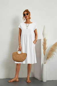 Elegantes Damen Sommerkleid mit Tasche | Midi – Weiß