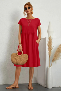 Elegantes Damen Sommerkleid mit Tasche | Midi – Orangerot