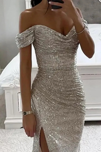Elegantes Glitzer-Abendkleid für Damen | Maxi – Silber
