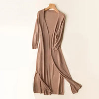 Elsbeth | Damen Langer Cardigan Offen Maxi Strickjacke – Khaki