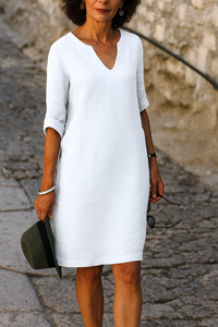 Elvy | Elegantes Kleid mit V-Ausschnitt – Weiß