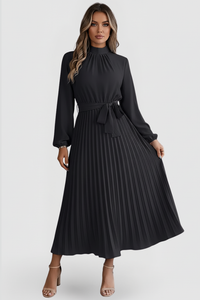 Emilia | Damen Plissee Midikleid Langarm – Schwarz