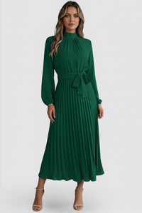 Emilia | Damen Plissee Midikleid Langarm – Grün