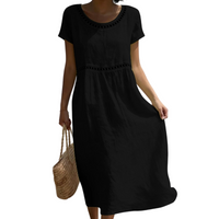 Emilia | Leinenlook-Midikleid mit Spitze – Schwarz