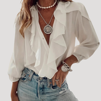 Evangelia | Damen V-Neck Rüschen Bluse mit Langarm – Weiß