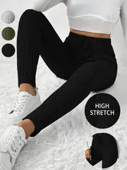 Athena - Hochelastische gerippte Damen-Leggings – Schwarz