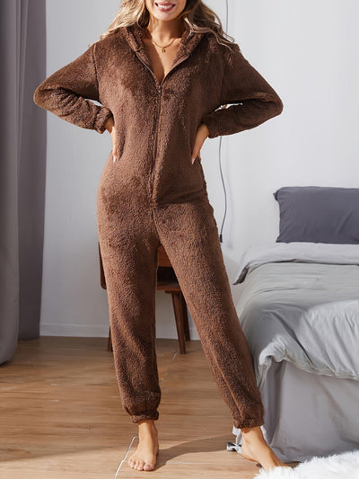 Leyara | Flauschiger Kapuzen-Jumpsuit in Einfarbig